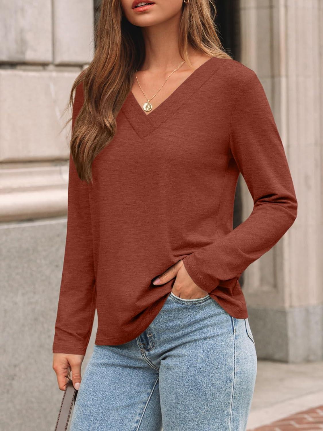 imageAUTOMET Long Sleeve Shirts for Women Tops V Neck Casual Top Comfortable Shirt Soft Basic Tees Women BlousesRust