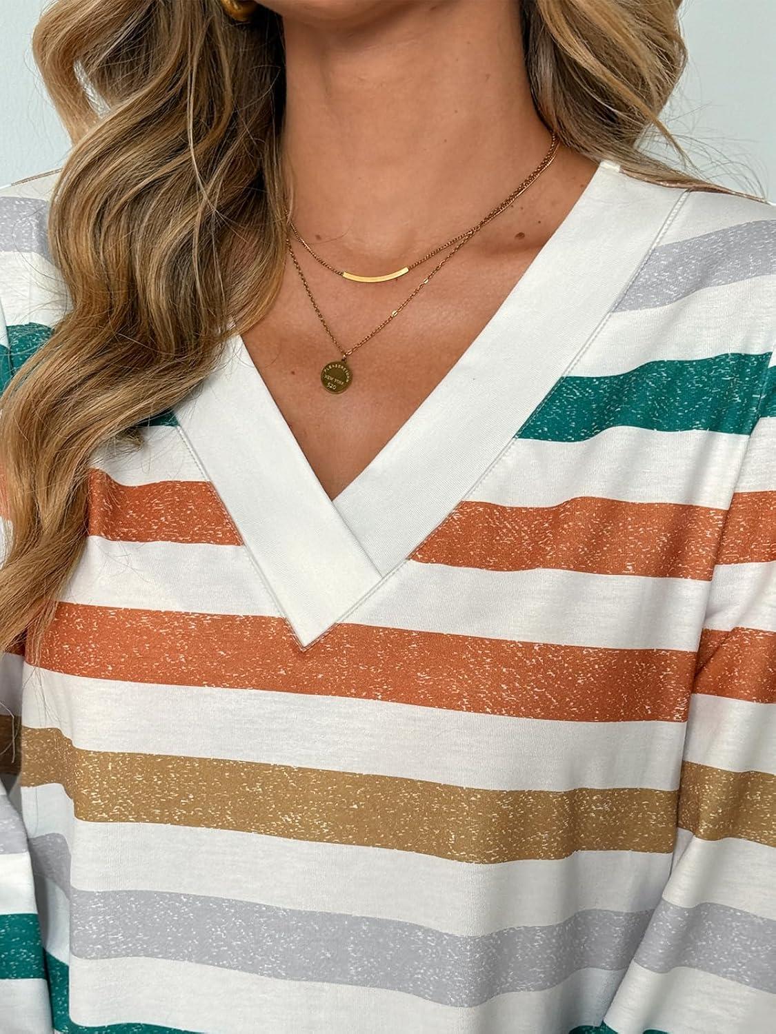 imageAUTOMET Long Sleeve Shirts for Women Tops V Neck Casual Top Comfortable Shirt Soft Basic Tees Women BlousesStriped