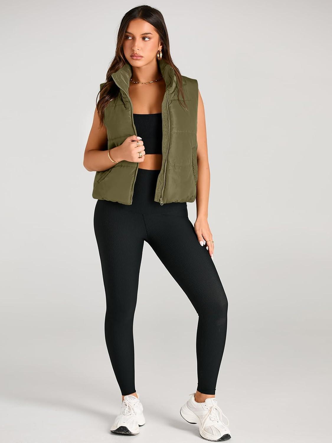 imageAUTOMET Puffer Vest Women Sleeveless Winter Clothing Cropped Outerwear Warm Puffy Fall Outfits Spring Fashion Vest Tops 2025Army Green