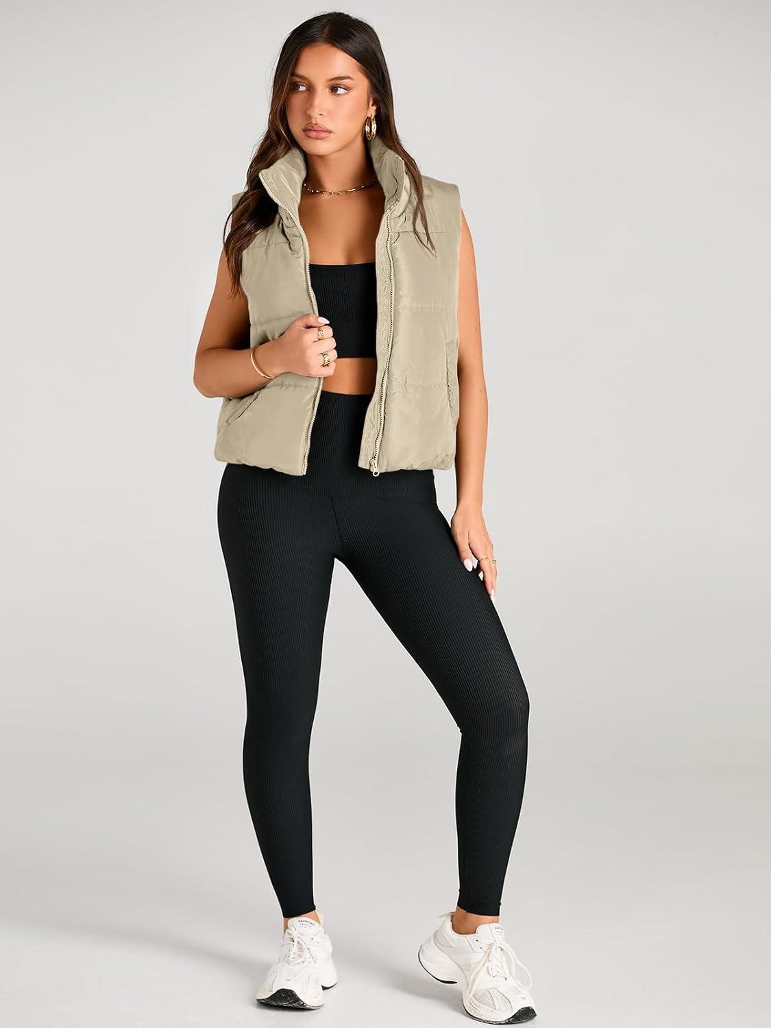 imageAUTOMET Puffer Vest Women Sleeveless Winter Clothing Cropped Outerwear Warm Puffy Fall Outfits Spring Fashion Vest Tops 2025Light Khaki