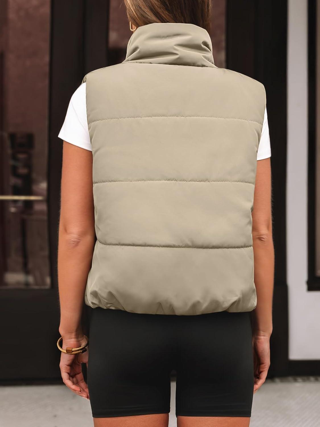 imageAUTOMET Puffer Vest Women Sleeveless Winter Clothing Cropped Outerwear Warm Puffy Fall Outfits Spring Fashion Vest Tops 2025Light Khaki