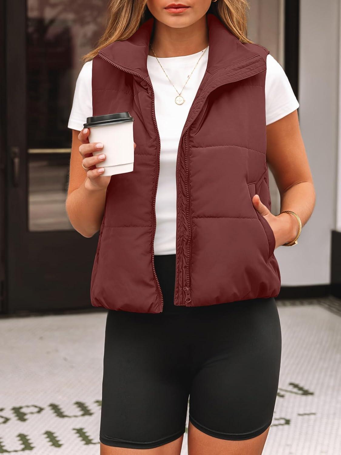 imageAUTOMET Puffer Vest Women Sleeveless Winter Clothing Cropped Outerwear Warm Puffy Fall Outfits Spring Fashion Vest Tops 2025Wine Red