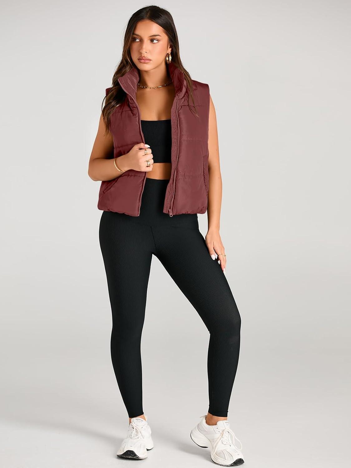 imageAUTOMET Puffer Vest Women Sleeveless Winter Clothing Cropped Outerwear Warm Puffy Fall Outfits Spring Fashion Vest Tops 2025Wine Red