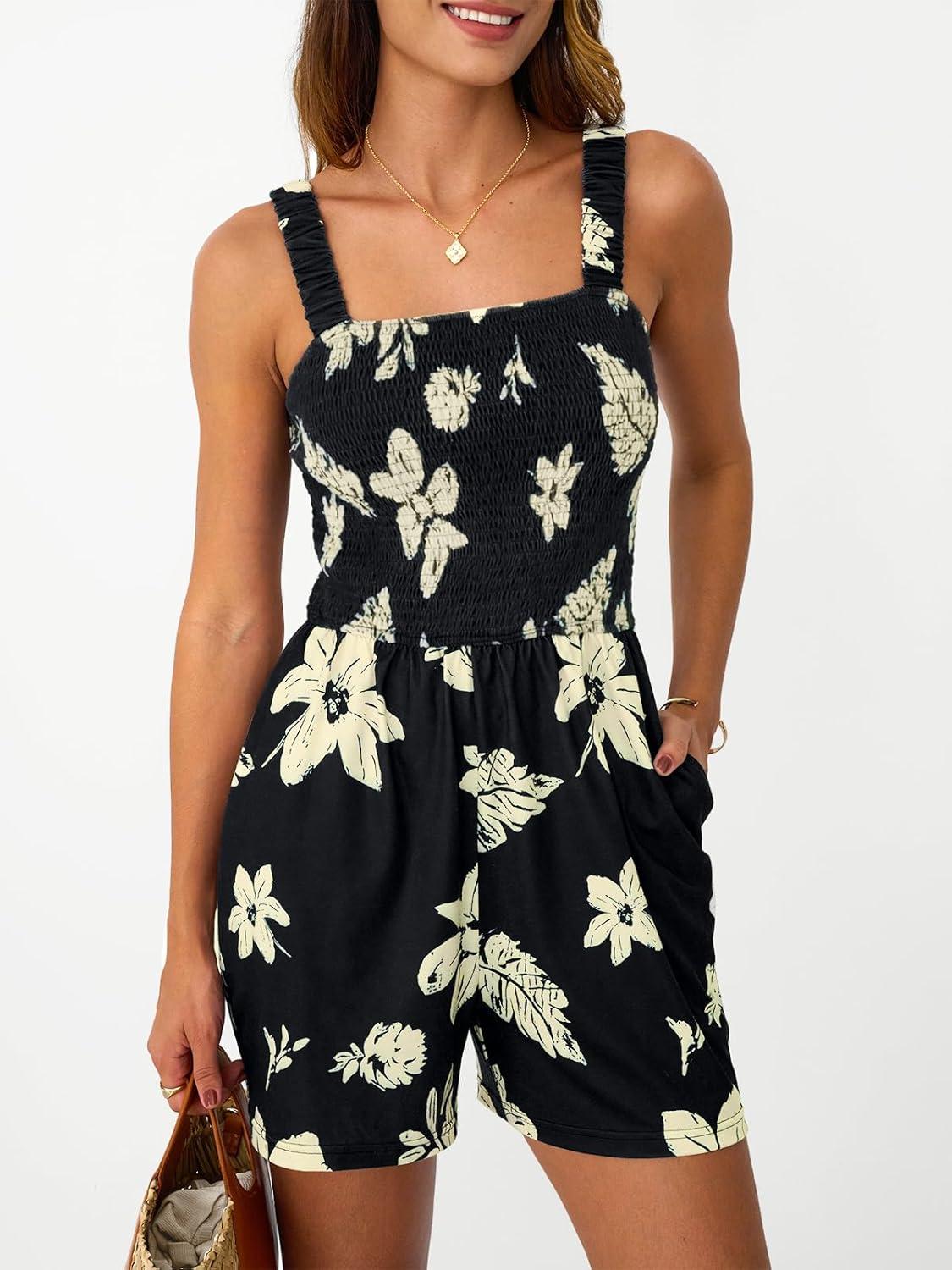 imageAUTOMET Rompers for Women Summer Vacation Beach Outfits Casual Loose Square Neck Shorts Jumpsuits Overalls 2025 Resort WearBlack