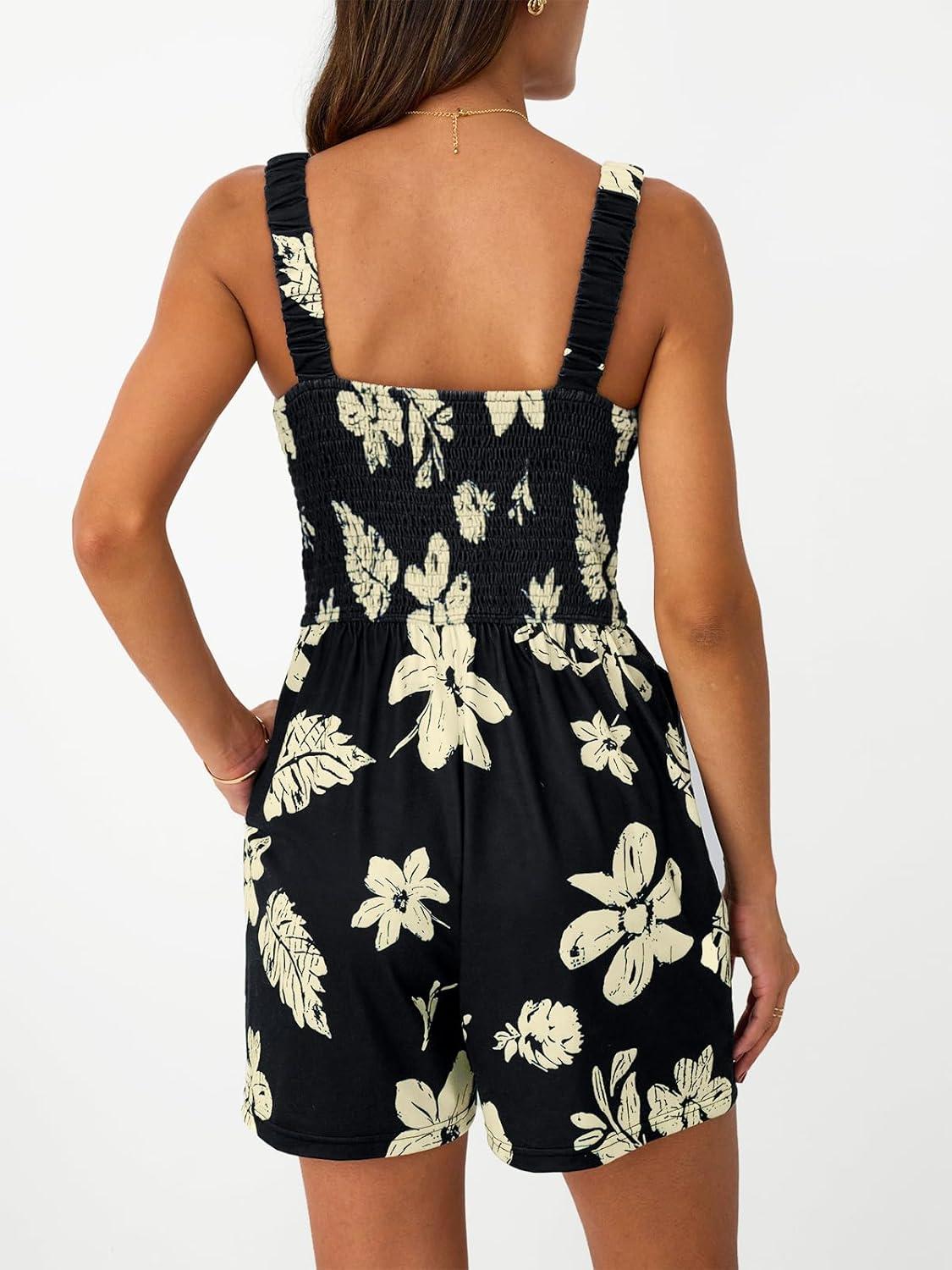 imageAUTOMET Rompers for Women Summer Vacation Beach Outfits Casual Loose Square Neck Shorts Jumpsuits Overalls 2025 Resort WearBlack