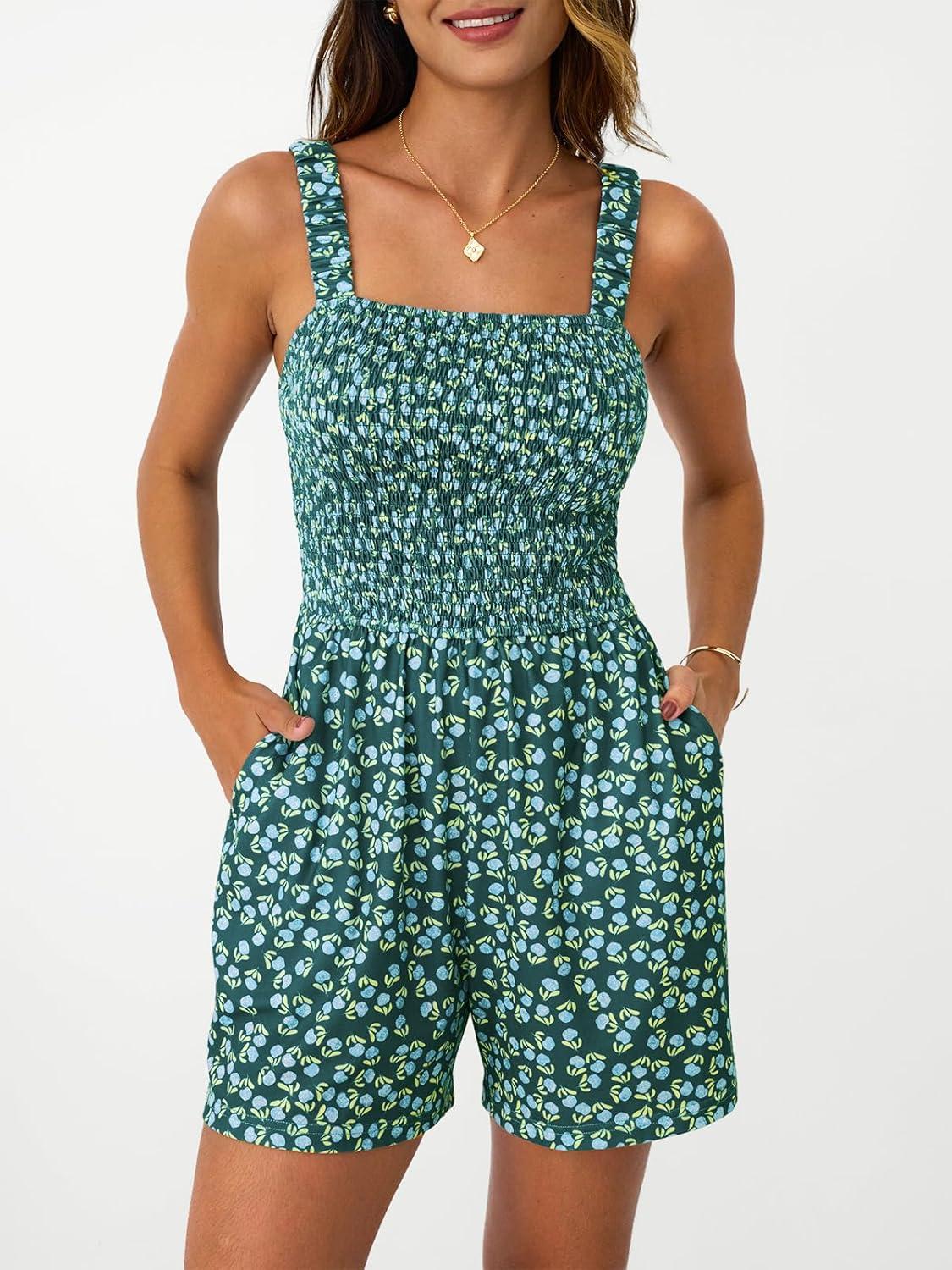 imageAUTOMET Rompers for Women Summer Vacation Beach Outfits Casual Loose Square Neck Shorts Jumpsuits Overalls 2025 Resort WearGreen