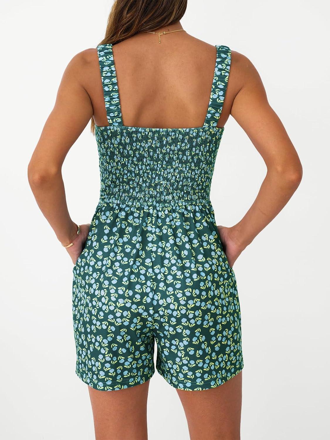 imageAUTOMET Rompers for Women Summer Vacation Beach Outfits Casual Loose Square Neck Shorts Jumpsuits Overalls 2025 Resort WearGreen