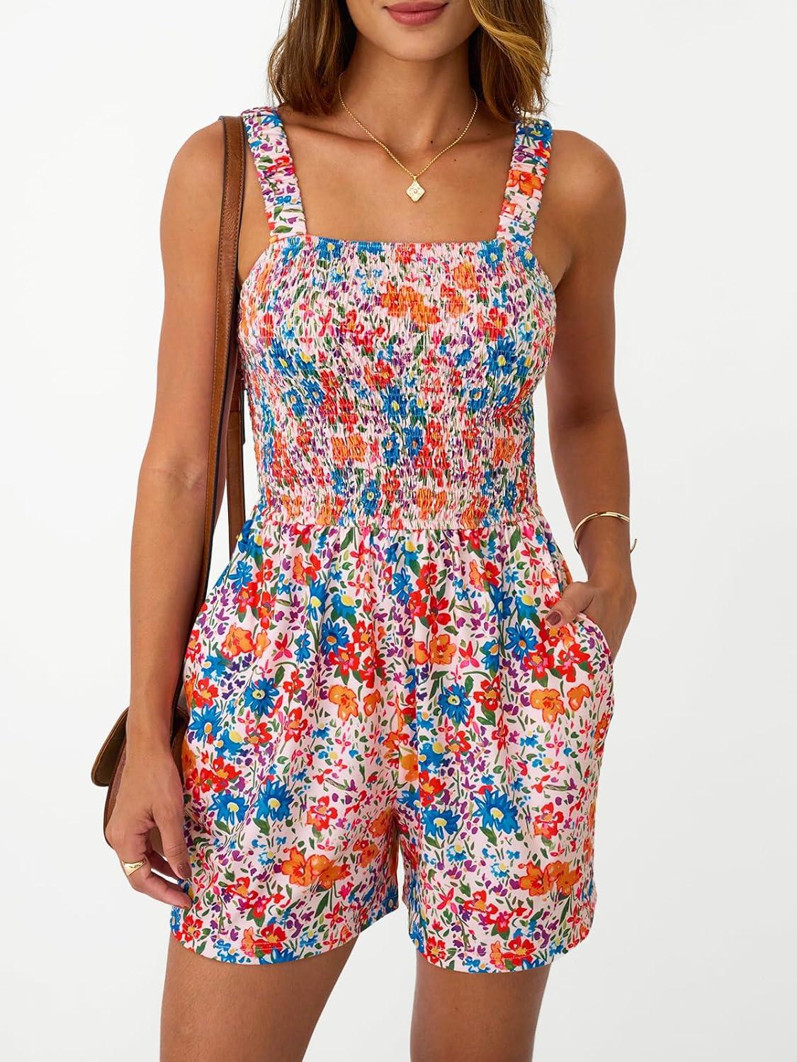 imageAUTOMET Rompers for Women Summer Vacation Beach Outfits Casual Loose Square Neck Shorts Jumpsuits Overalls 2025 Resort WearMulti