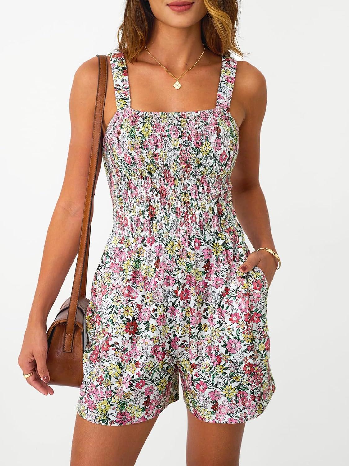 imageAUTOMET Rompers for Women Summer Vacation Beach Outfits Casual Loose Square Neck Shorts Jumpsuits Overalls 2025 Resort WearPink