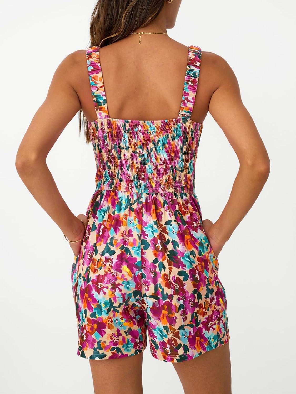 imageAUTOMET Rompers for Women Summer Vacation Beach Outfits Casual Loose Square Neck Shorts Jumpsuits Overalls 2025 Resort WearRose