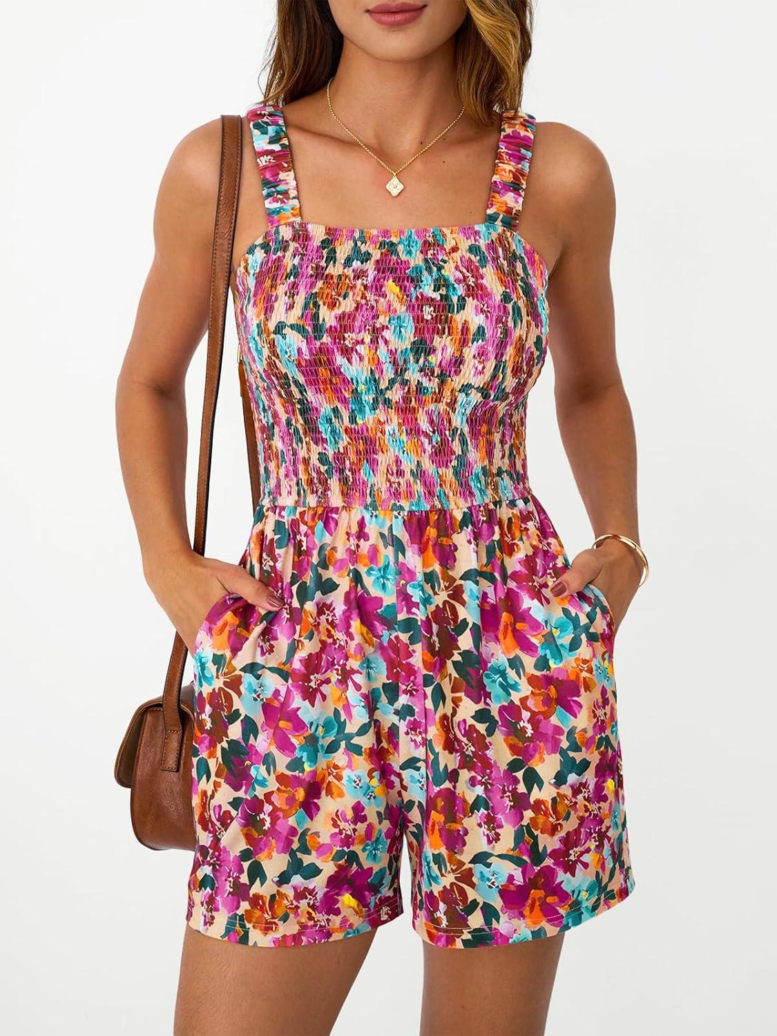 imageAUTOMET Rompers for Women Summer Vacation Beach Outfits Casual Loose Square Neck Shorts Jumpsuits Overalls 2025 Resort WearRose