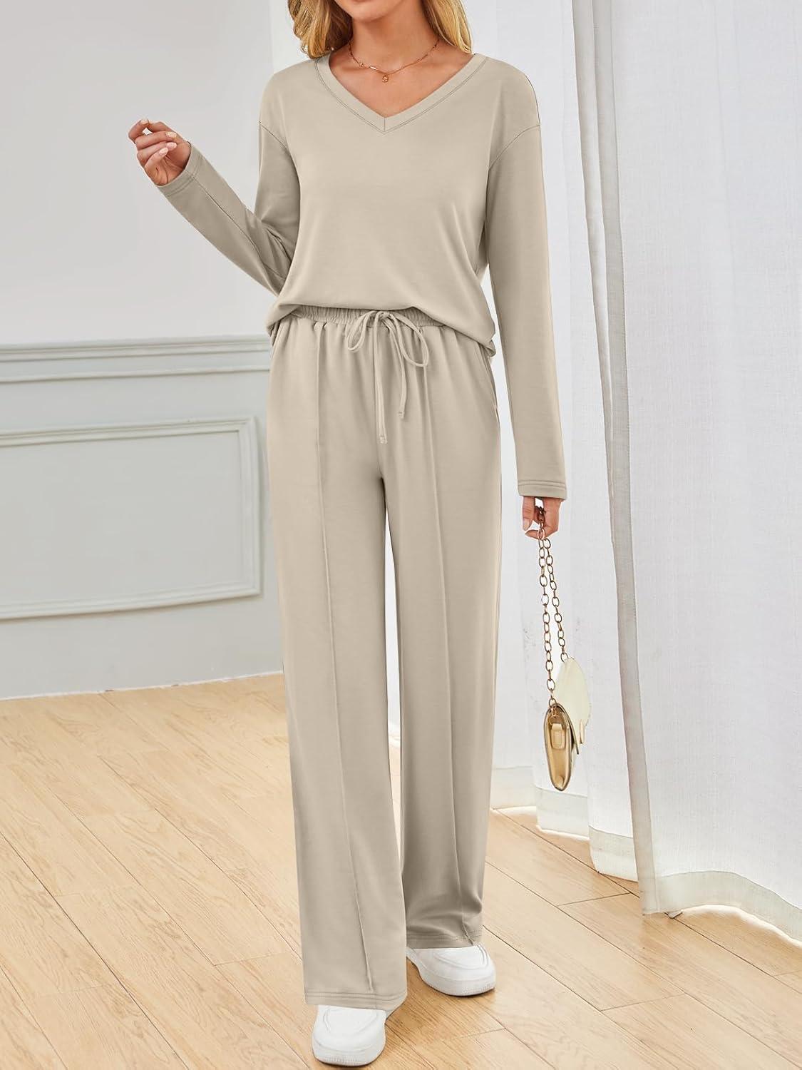 imageAUTOMET Sweatsuits Women 2 Piece Outfit Fashion Travel Lounge Sets With Wide Leg Pants Airport Track Suits Fall Clothes 2025Khaki