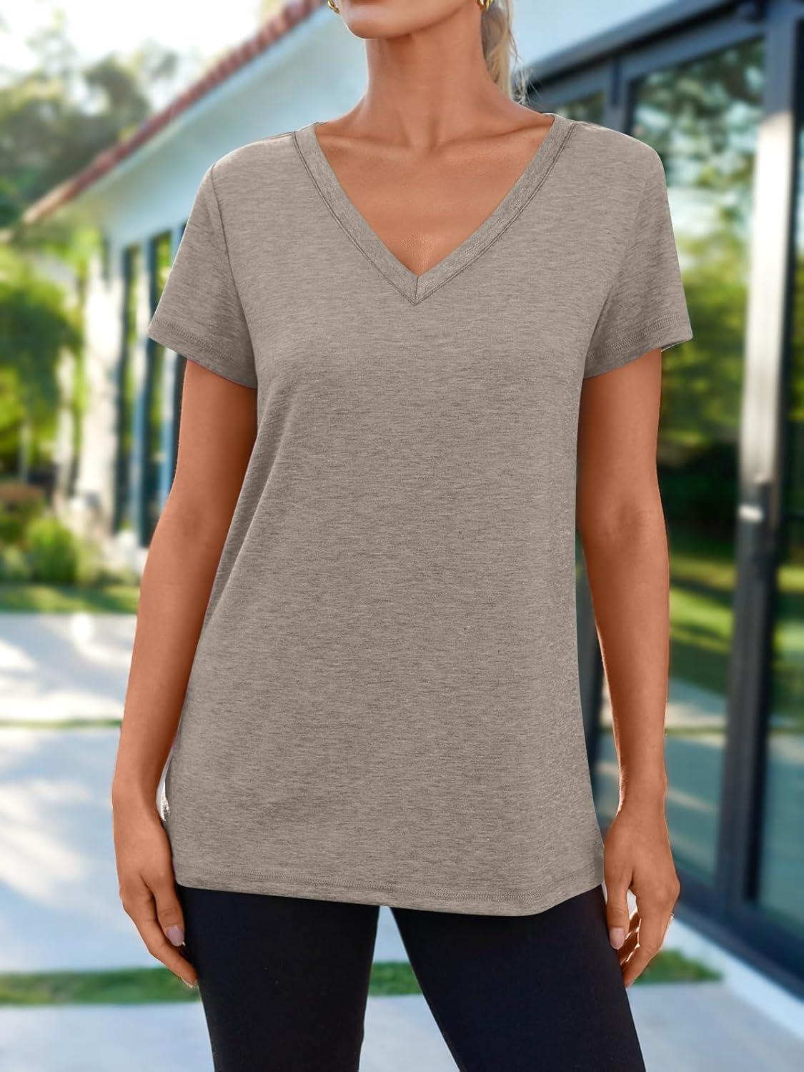 imageAUTOMET TShirts Short Sleeve V Neck Tees Tops for Women Fashion Trendy Lightweight Soft Casual Summer Outfits Clothes 2025Coffegrey