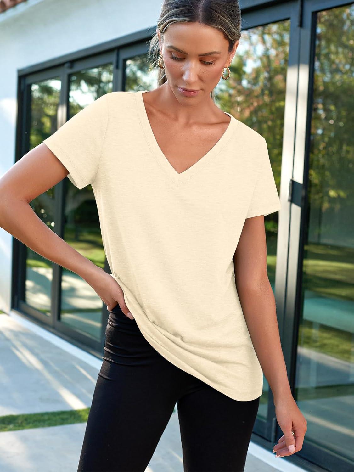 imageAUTOMET TShirts Short Sleeve V Neck Tees Tops for Women Fashion Trendy Lightweight Soft Casual Summer Outfits Clothes 2025Cream