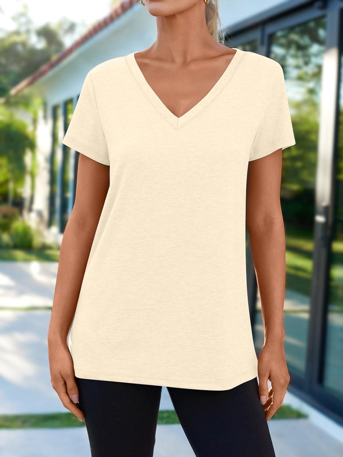 imageAUTOMET TShirts Short Sleeve V Neck Tees Tops for Women Fashion Trendy Lightweight Soft Casual Summer Outfits Clothes 2025Cream