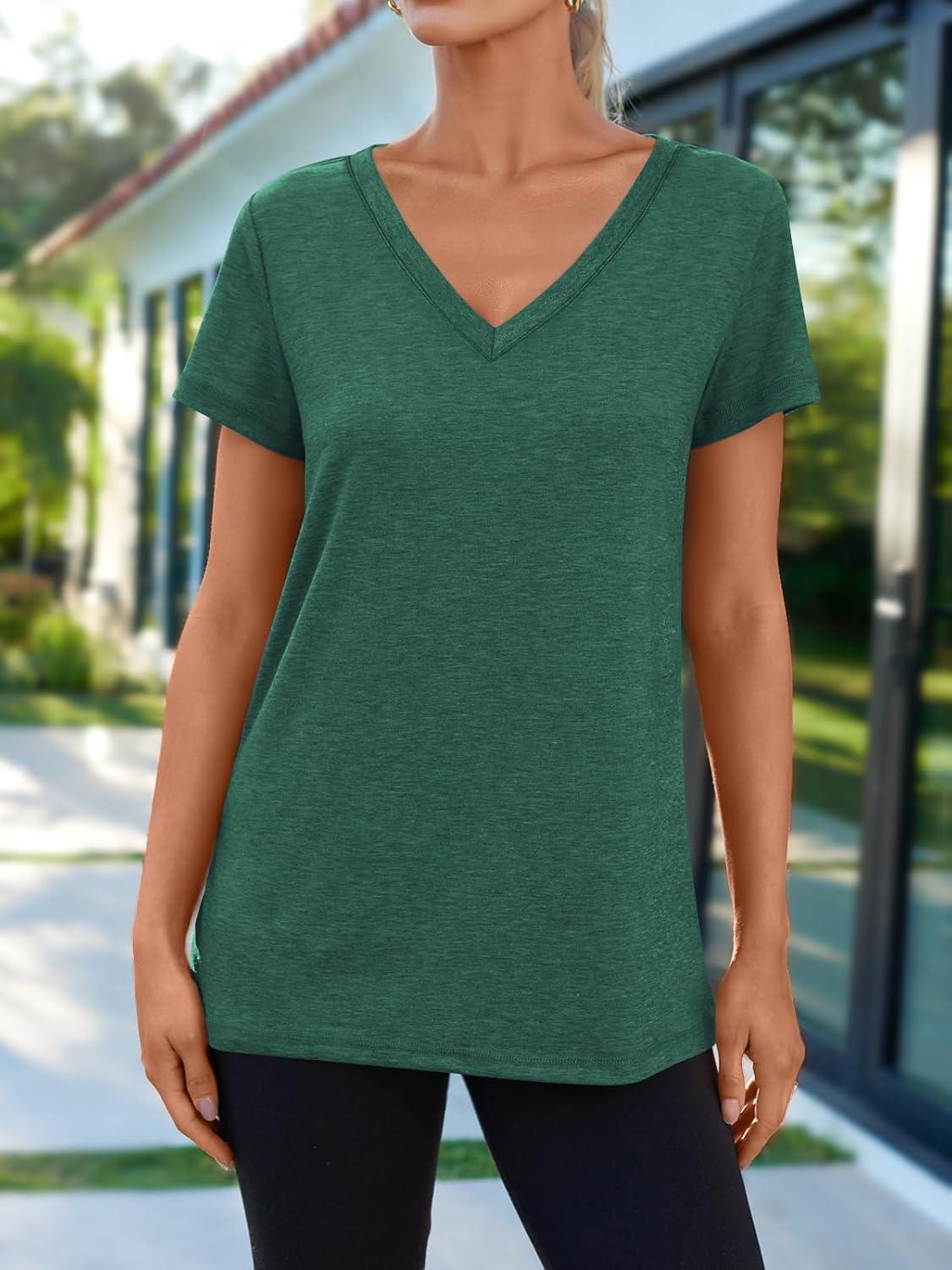 imageAUTOMET TShirts Short Sleeve V Neck Tees Tops for Women Fashion Trendy Lightweight Soft Casual Summer Outfits Clothes 2025Darkgreen