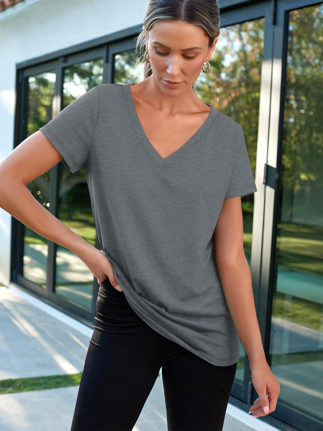 imageAUTOMET TShirts Short Sleeve V Neck Tees Tops for Women Fashion Trendy Lightweight Soft Casual Summer Outfits Clothes 2025Darkgrey