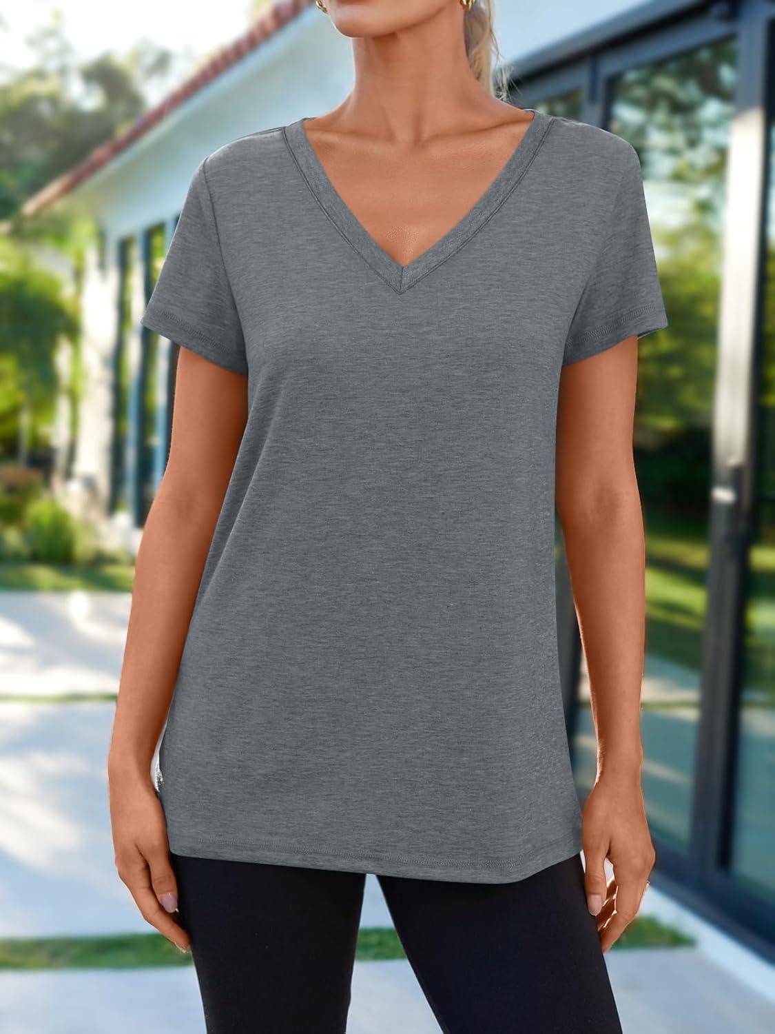 imageAUTOMET TShirts Short Sleeve V Neck Tees Tops for Women Fashion Trendy Lightweight Soft Casual Summer Outfits Clothes 2025Darkgrey