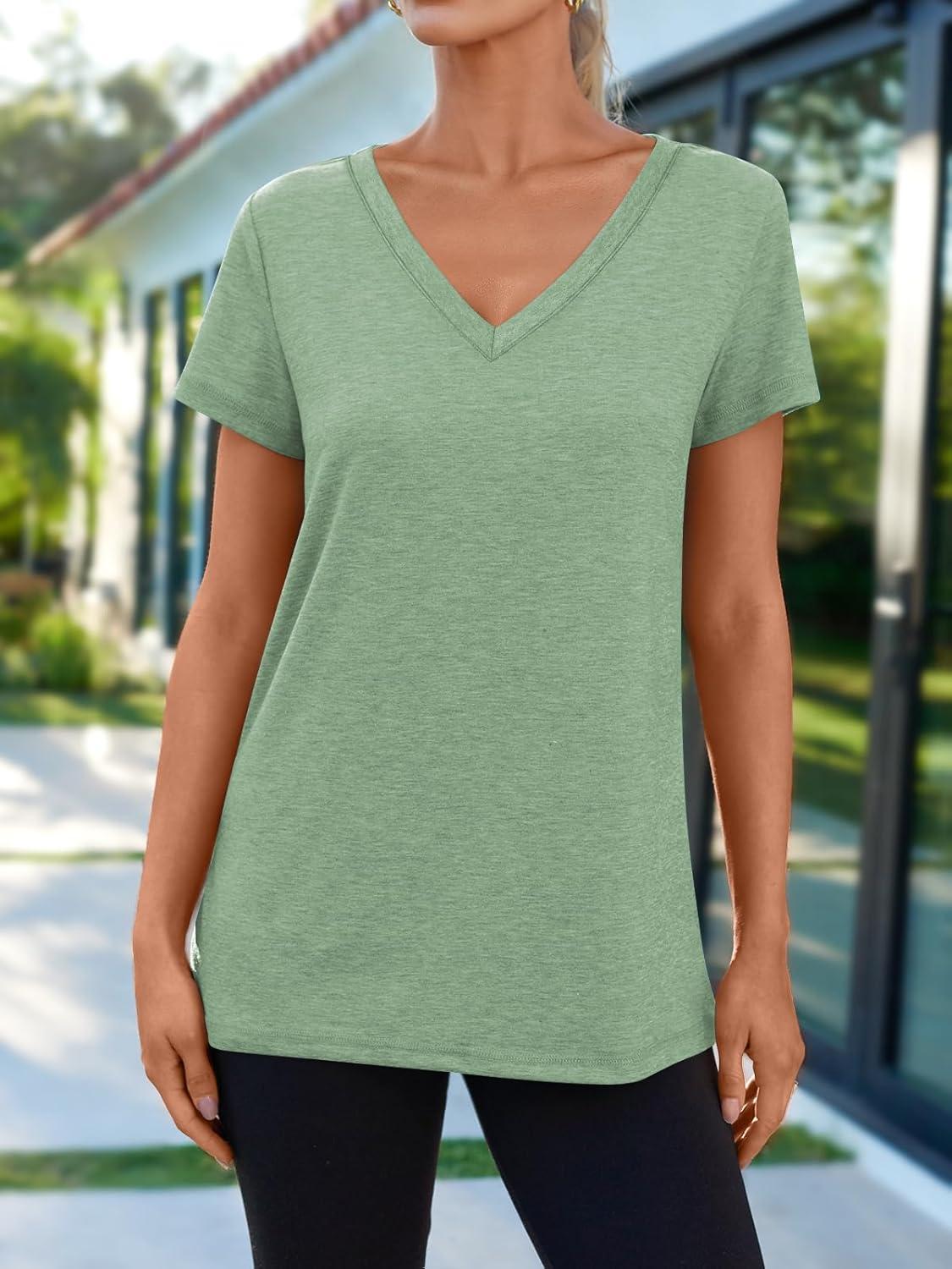 imageAUTOMET TShirts Short Sleeve V Neck Tees Tops for Women Fashion Trendy Lightweight Soft Casual Summer Outfits Clothes 2025Green