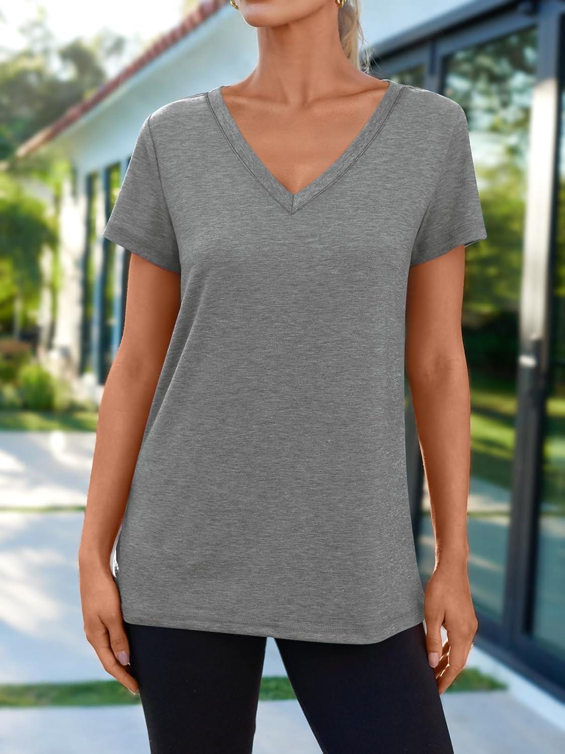 imageAUTOMET TShirts Short Sleeve V Neck Tees Tops for Women Fashion Trendy Lightweight Soft Casual Summer Outfits Clothes 2025Grey