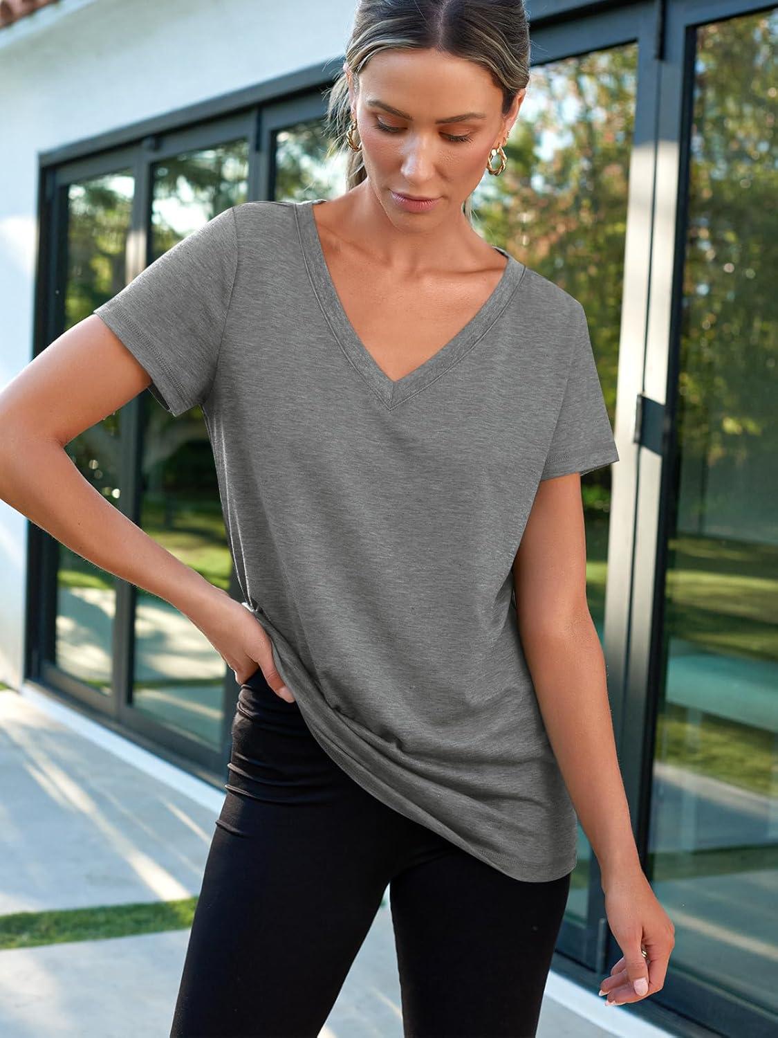 imageAUTOMET TShirts Short Sleeve V Neck Tees Tops for Women Fashion Trendy Lightweight Soft Casual Summer Outfits Clothes 2025Grey