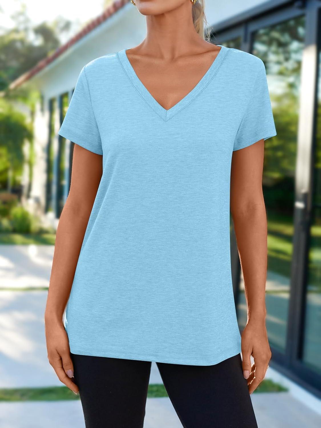 imageAUTOMET TShirts Short Sleeve V Neck Tees Tops for Women Fashion Trendy Lightweight Soft Casual Summer Outfits Clothes 2025Lightblue