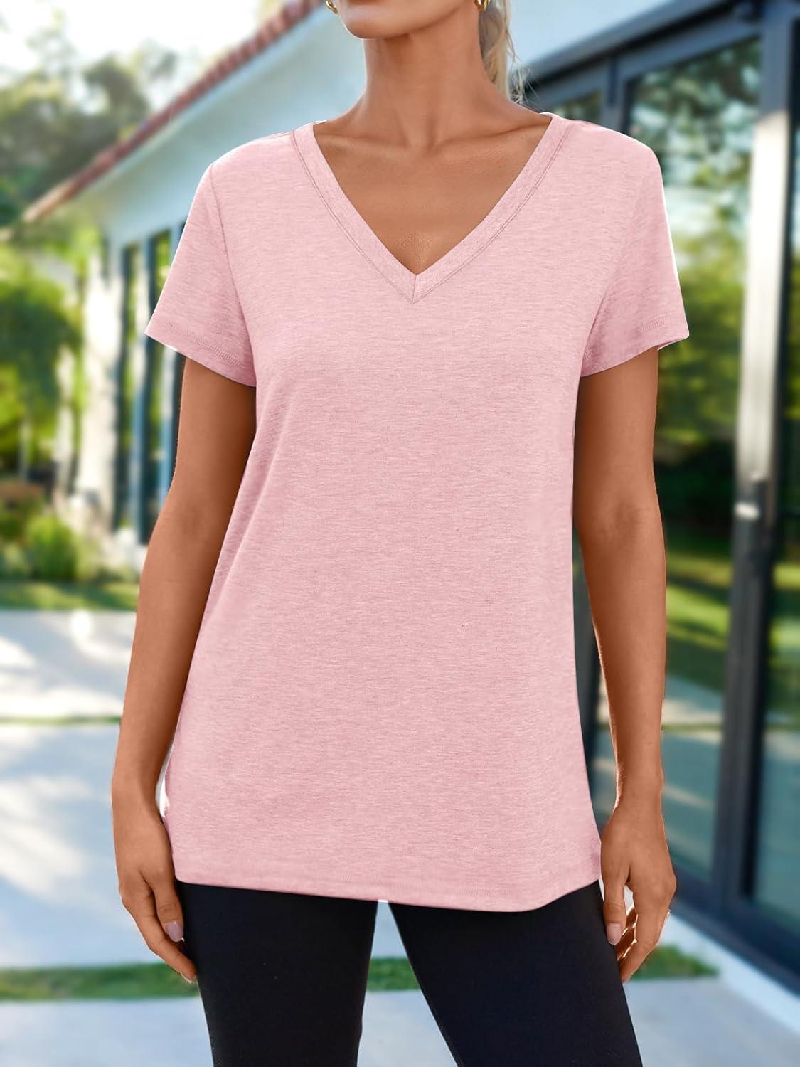 imageAUTOMET TShirts Short Sleeve V Neck Tees Tops for Women Fashion Trendy Lightweight Soft Casual Summer Outfits Clothes 2025Lightpink