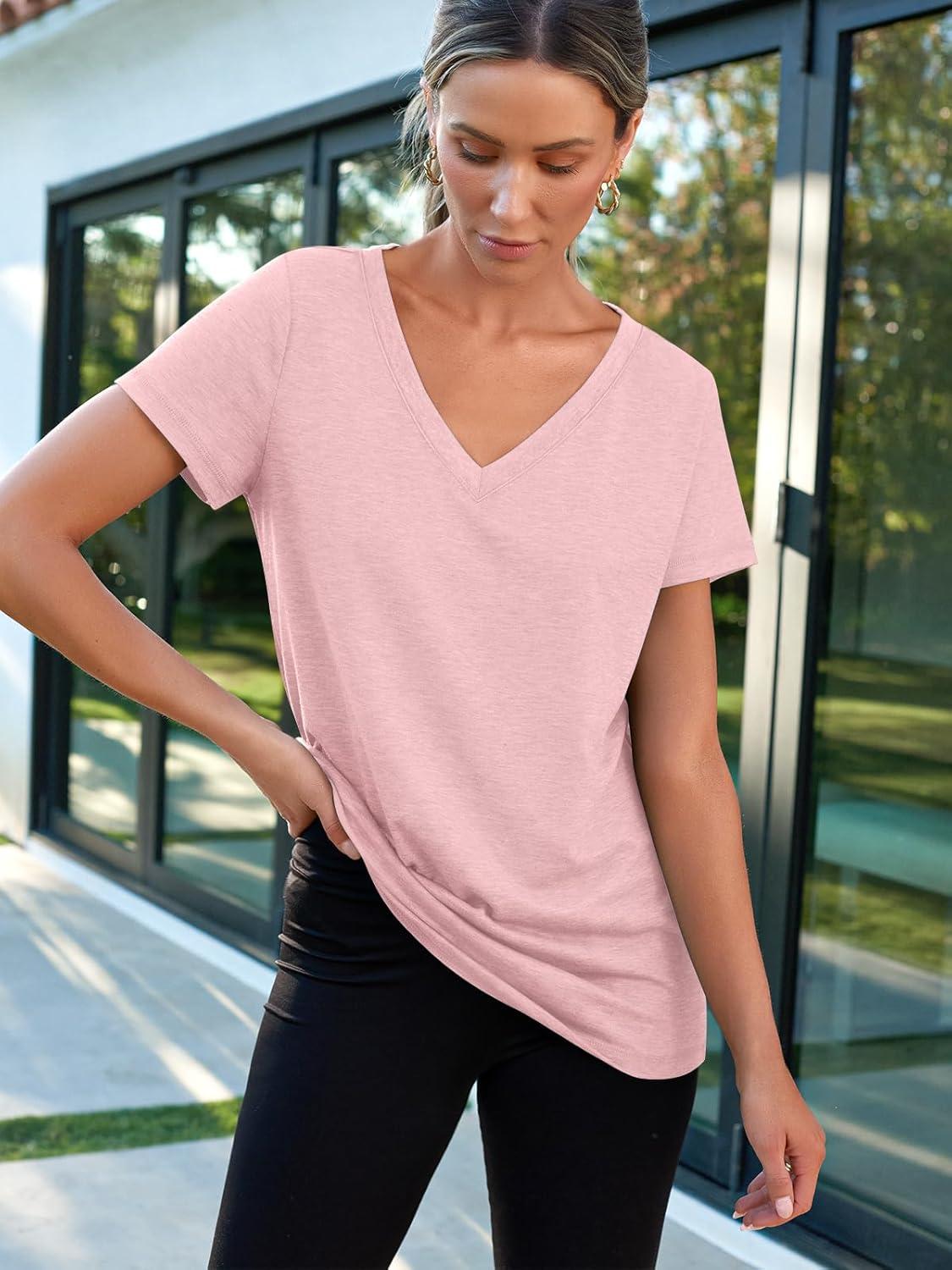 imageAUTOMET TShirts Short Sleeve V Neck Tees Tops for Women Fashion Trendy Lightweight Soft Casual Summer Outfits Clothes 2025Lightpink