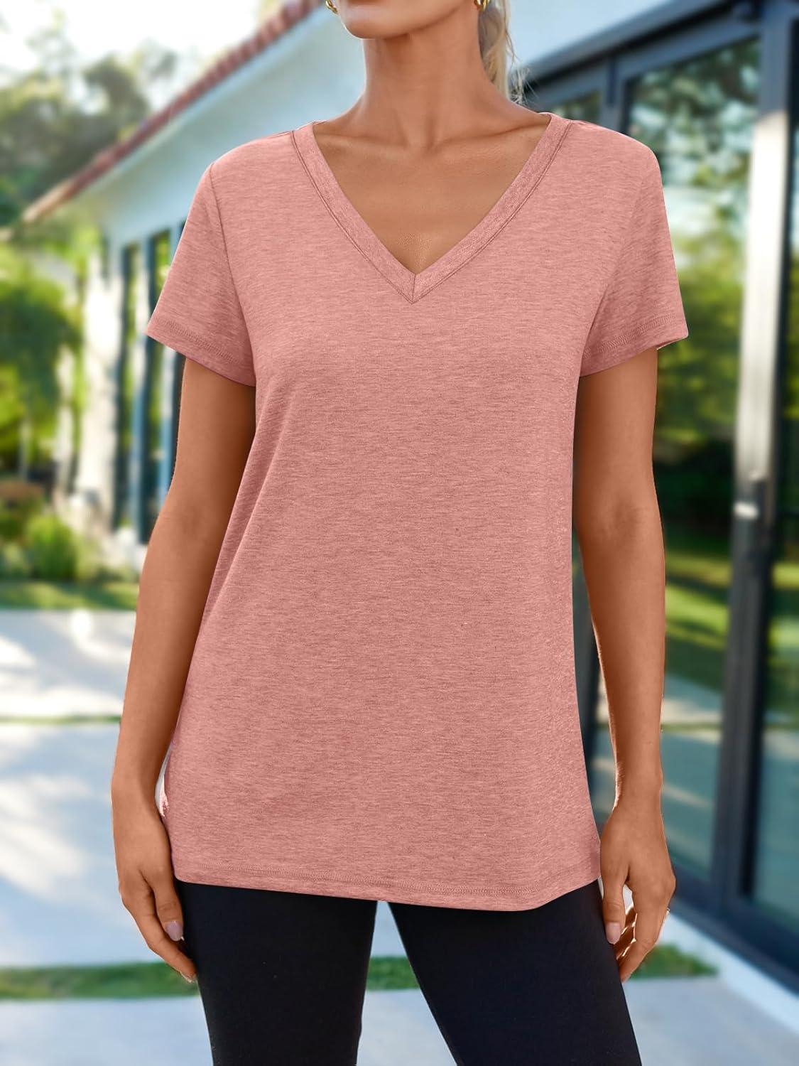 imageAUTOMET TShirts Short Sleeve V Neck Tees Tops for Women Fashion Trendy Lightweight Soft Casual Summer Outfits Clothes 2025Pink