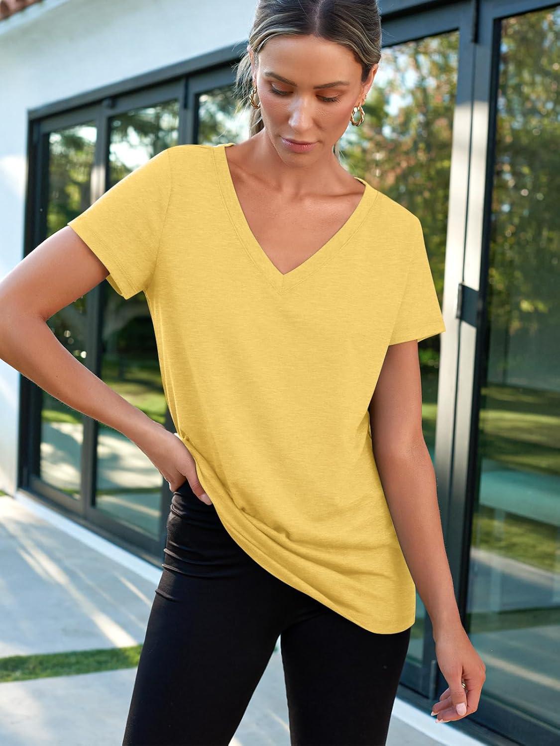 imageAUTOMET TShirts Short Sleeve V Neck Tees Tops for Women Fashion Trendy Lightweight Soft Casual Summer Outfits Clothes 2025Yellow