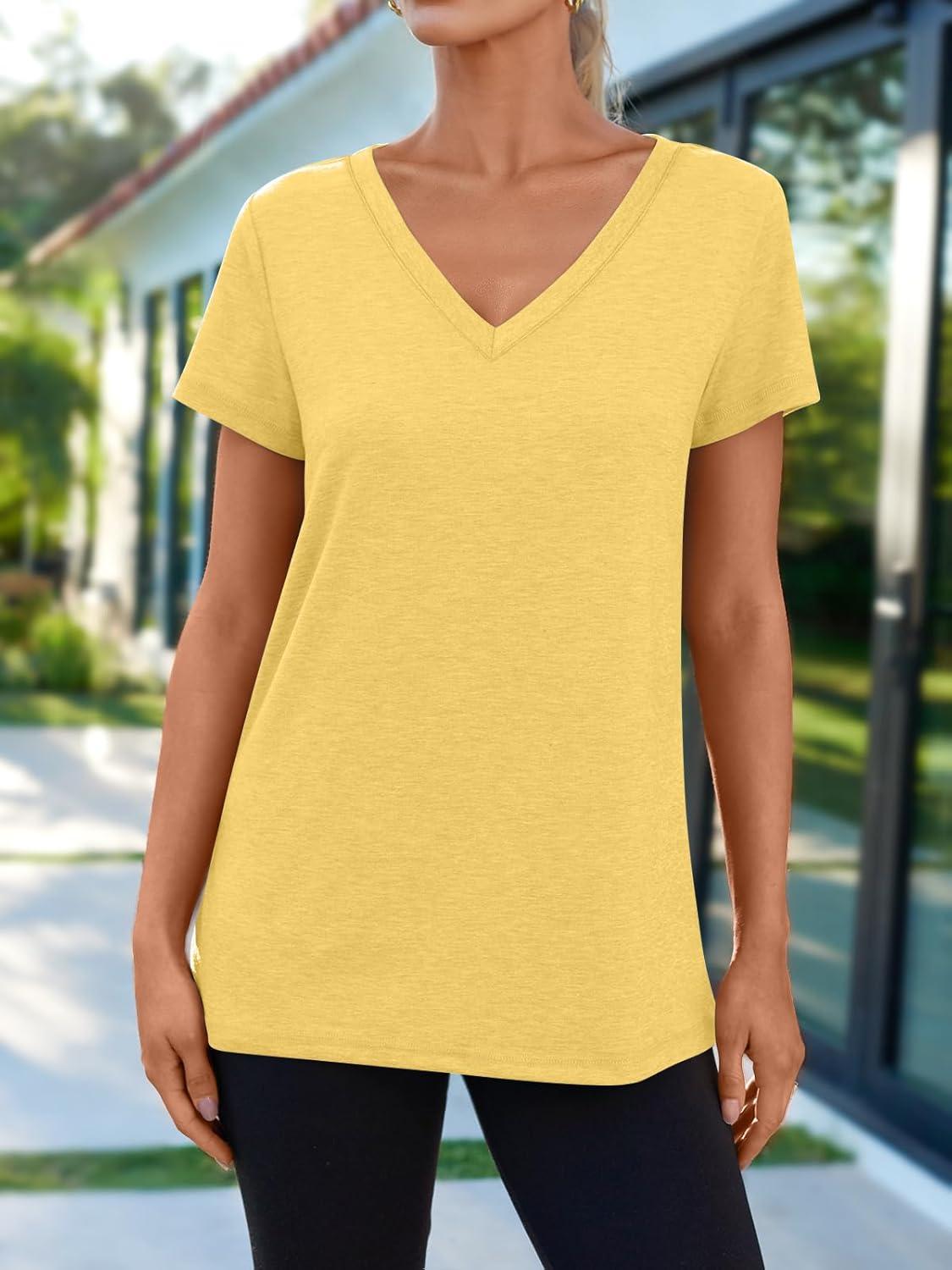 imageAUTOMET TShirts Short Sleeve V Neck Tees Tops for Women Fashion Trendy Lightweight Soft Casual Summer Outfits Clothes 2025Yellow