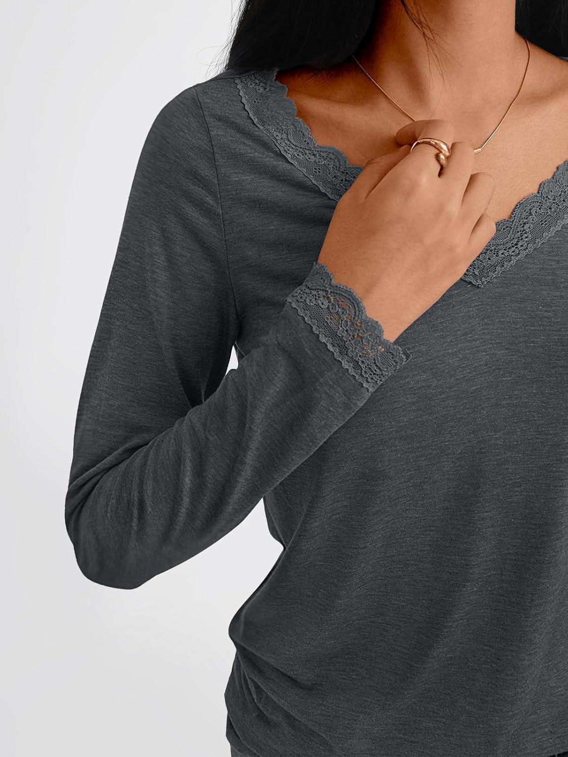 imageAUTOMET V Neck T Shirts for Women Lace Long Sleeve Cute Tops Fall Winter Dressy Business Casual Blouses Trendy Basic TeesBlackgrey