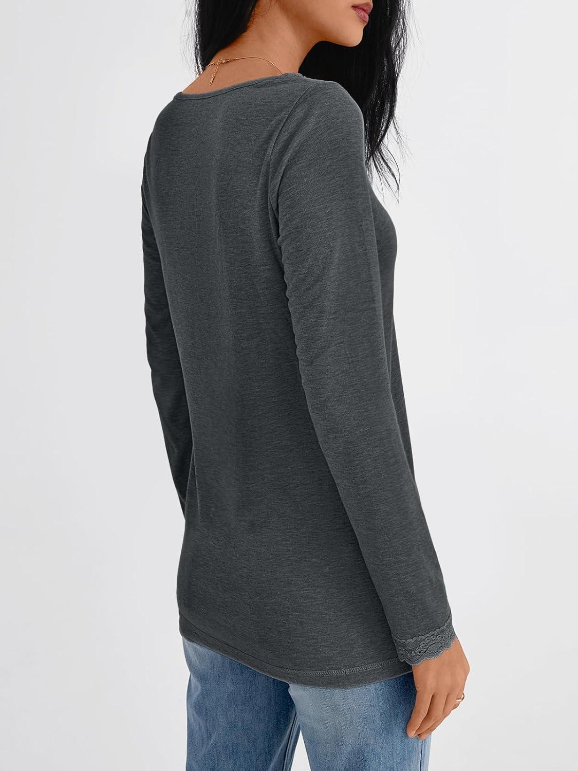imageAUTOMET V Neck T Shirts for Women Lace Long Sleeve Cute Tops Fall Winter Dressy Business Casual Blouses Trendy Basic TeesBlackgrey