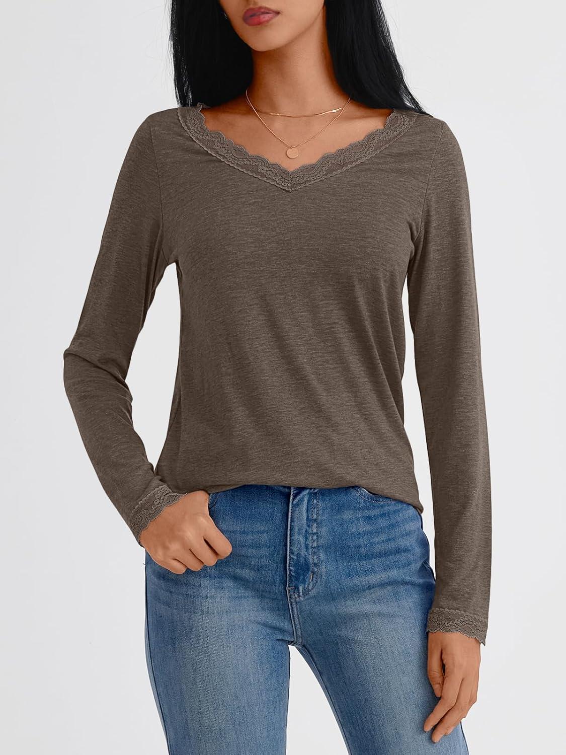 imageAUTOMET V Neck T Shirts for Women Lace Long Sleeve Cute Tops Fall Winter Dressy Business Casual Blouses Trendy Basic TeesCoffeegrey