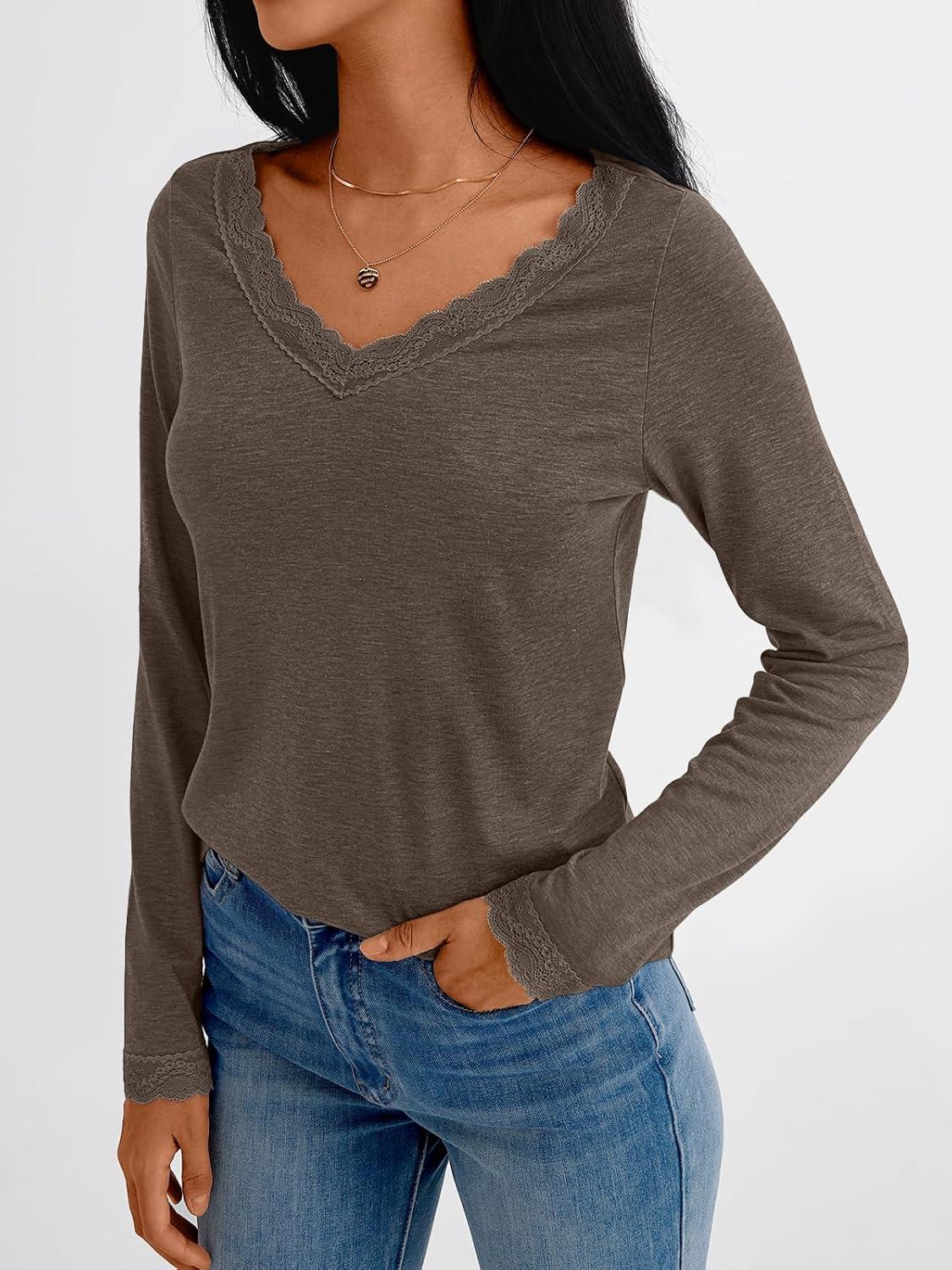 imageAUTOMET V Neck T Shirts for Women Lace Long Sleeve Cute Tops Fall Winter Dressy Business Casual Blouses Trendy Basic TeesCoffeegrey
