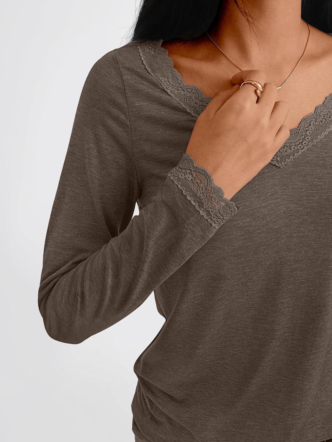 imageAUTOMET V Neck T Shirts for Women Lace Long Sleeve Cute Tops Fall Winter Dressy Business Casual Blouses Trendy Basic TeesCoffeegrey