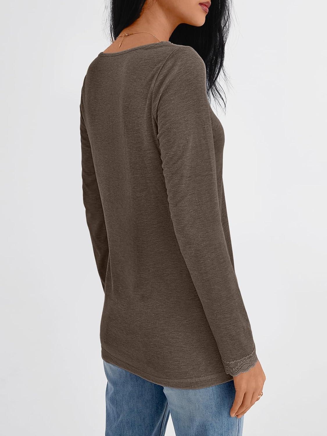 imageAUTOMET V Neck T Shirts for Women Lace Long Sleeve Cute Tops Fall Winter Dressy Business Casual Blouses Trendy Basic TeesCoffeegrey