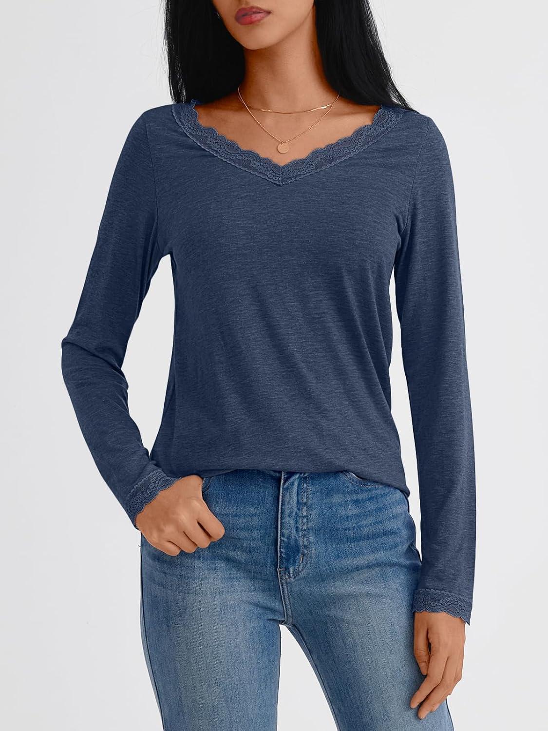 imageAUTOMET V Neck T Shirts for Women Lace Long Sleeve Cute Tops Fall Winter Dressy Business Casual Blouses Trendy Basic TeesDarkblue
