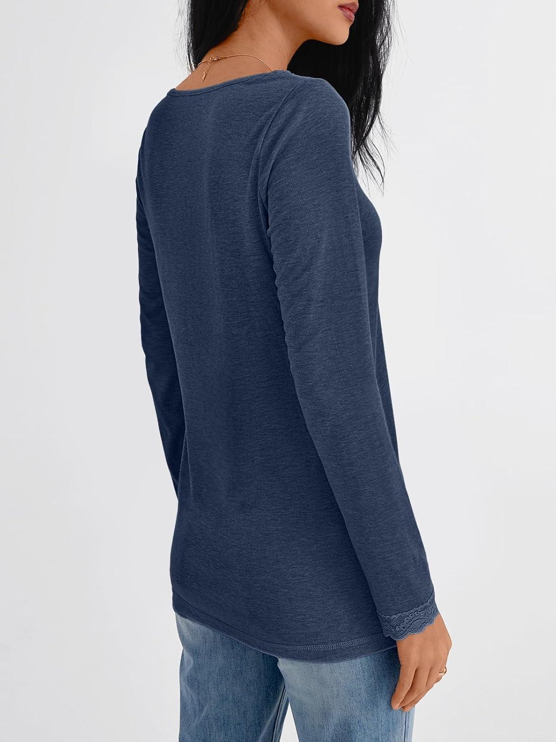 imageAUTOMET V Neck T Shirts for Women Lace Long Sleeve Cute Tops Fall Winter Dressy Business Casual Blouses Trendy Basic TeesDarkblue
