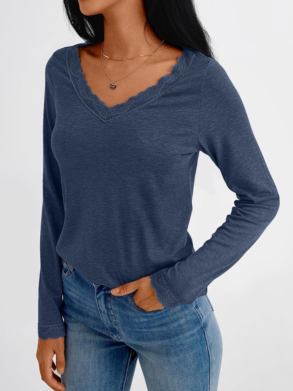 imageAUTOMET V Neck T Shirts for Women Lace Long Sleeve Cute Tops Fall Winter Dressy Business Casual Blouses Trendy Basic TeesDarkblue
