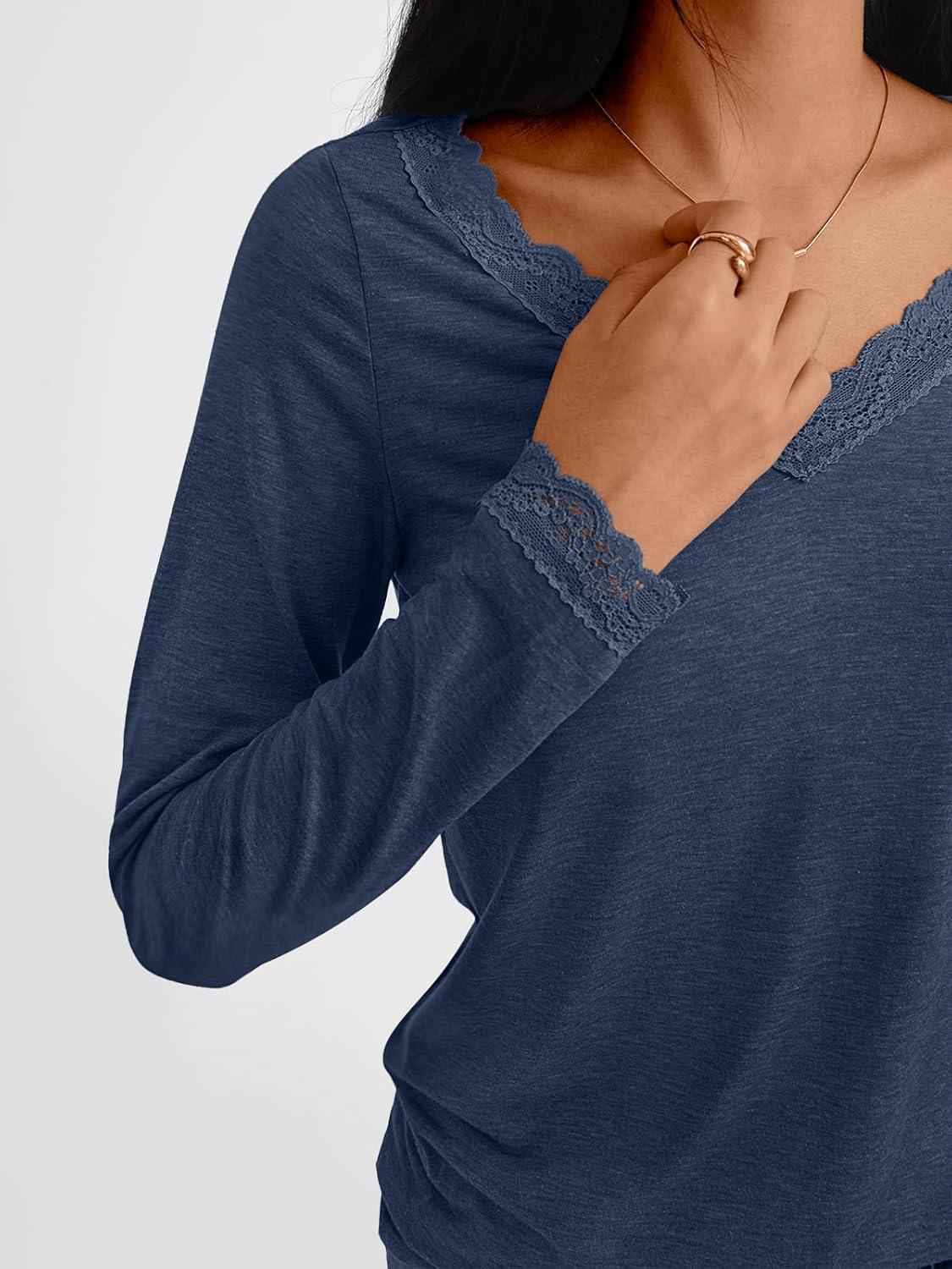 imageAUTOMET V Neck T Shirts for Women Lace Long Sleeve Cute Tops Fall Winter Dressy Business Casual Blouses Trendy Basic TeesDarkblue