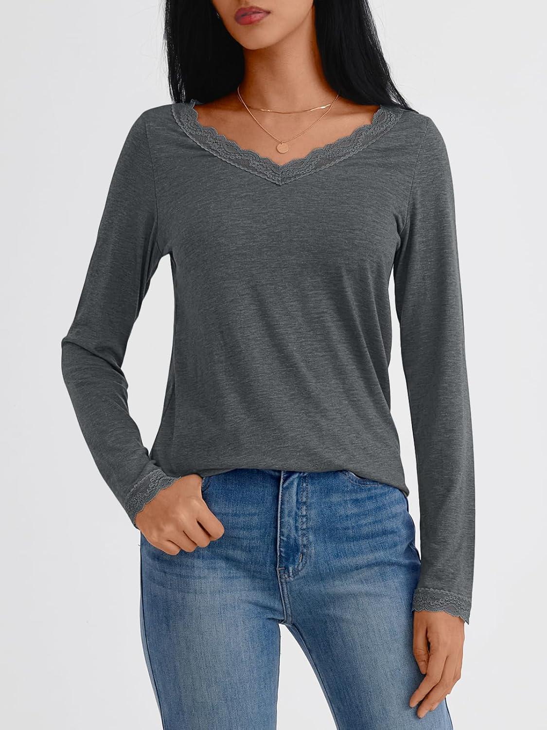 imageAUTOMET V Neck T Shirts for Women Lace Long Sleeve Cute Tops Fall Winter Dressy Business Casual Blouses Trendy Basic TeesGrey
