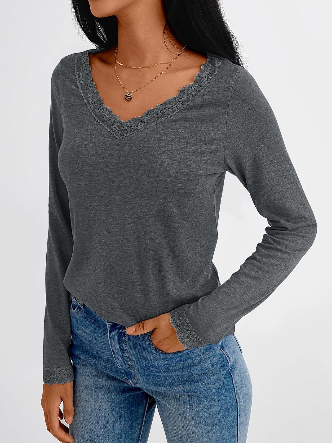 imageAUTOMET V Neck T Shirts for Women Lace Long Sleeve Cute Tops Fall Winter Dressy Business Casual Blouses Trendy Basic TeesGrey