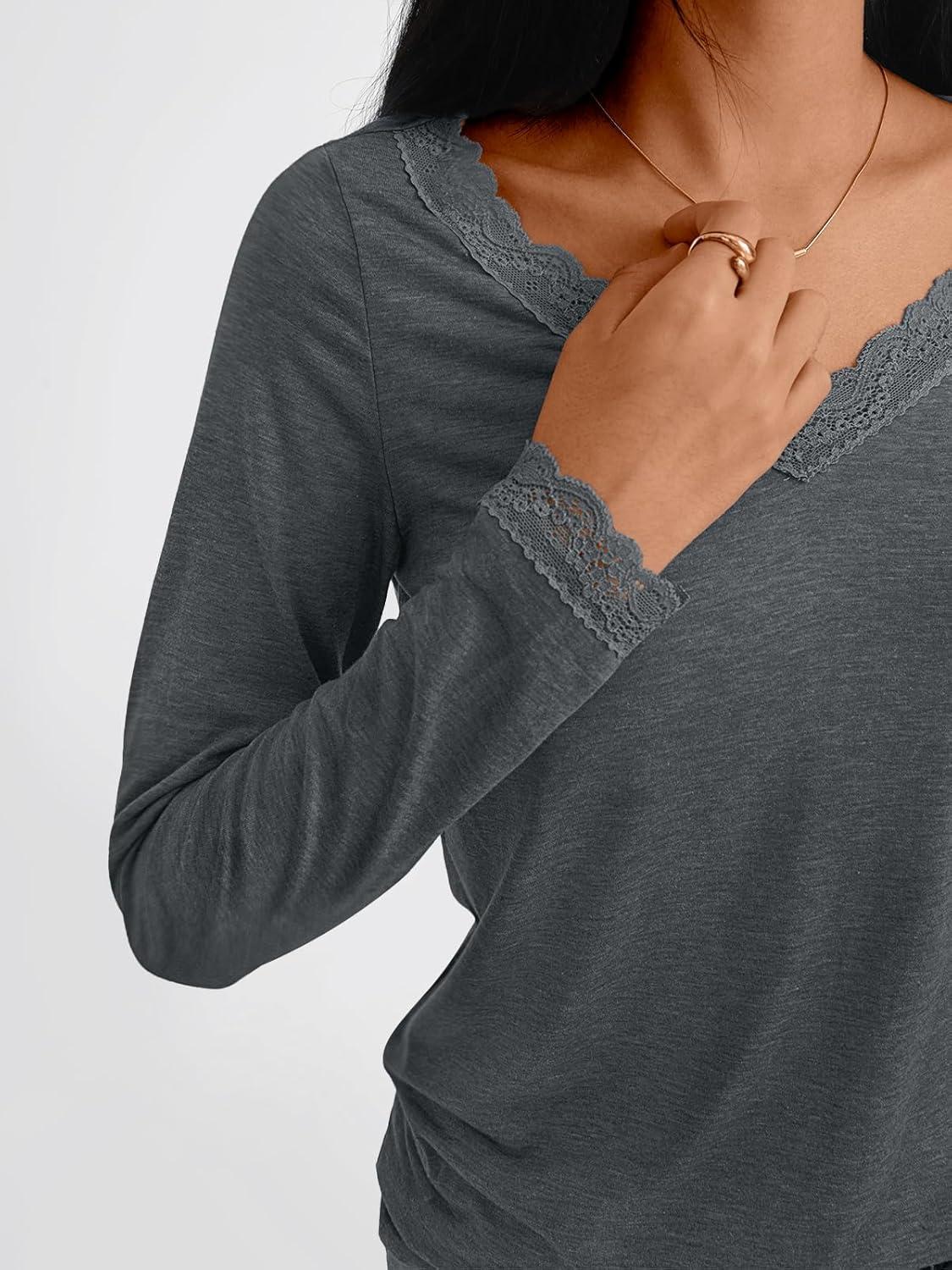 imageAUTOMET V Neck T Shirts for Women Lace Long Sleeve Cute Tops Fall Winter Dressy Business Casual Blouses Trendy Basic TeesGrey