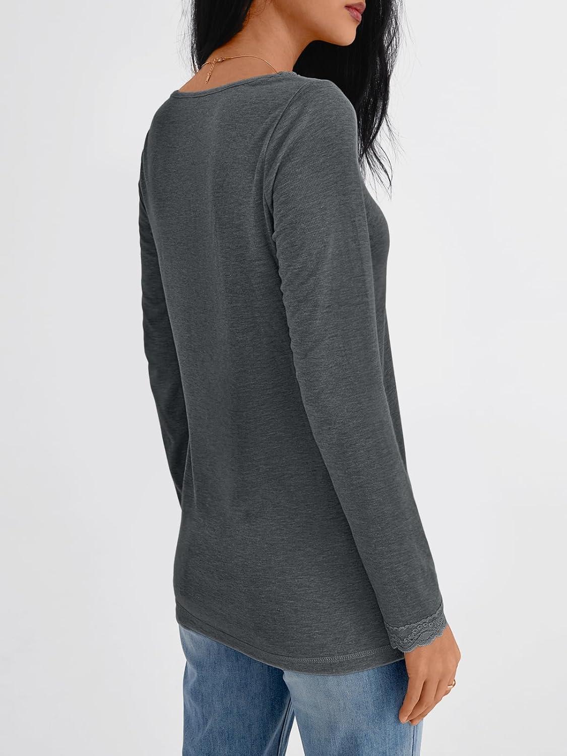 imageAUTOMET V Neck T Shirts for Women Lace Long Sleeve Cute Tops Fall Winter Dressy Business Casual Blouses Trendy Basic TeesGrey