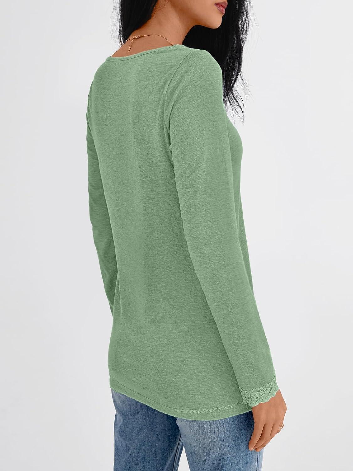imageAUTOMET V Neck T Shirts for Women Lace Long Sleeve Cute Tops Fall Winter Dressy Business Casual Blouses Trendy Basic TeesLightgreen