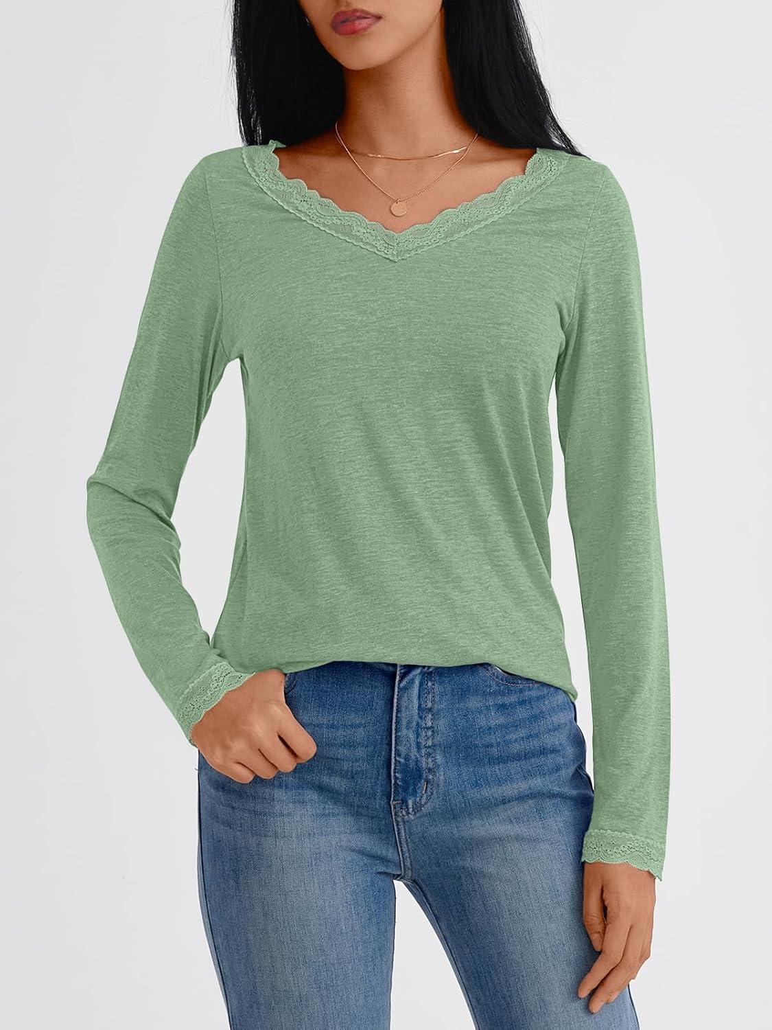 imageAUTOMET V Neck T Shirts for Women Lace Long Sleeve Cute Tops Fall Winter Dressy Business Casual Blouses Trendy Basic TeesLightgreen