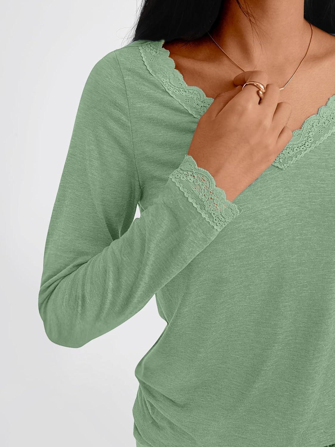 imageAUTOMET V Neck T Shirts for Women Lace Long Sleeve Cute Tops Fall Winter Dressy Business Casual Blouses Trendy Basic TeesLightgreen
