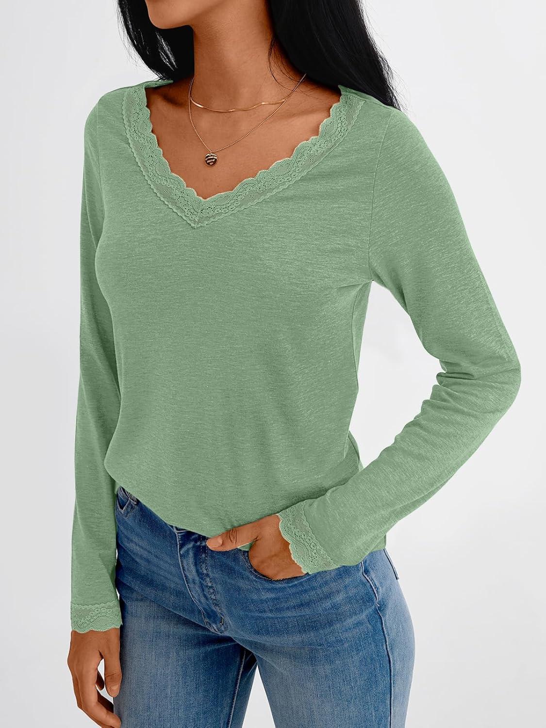 imageAUTOMET V Neck T Shirts for Women Lace Long Sleeve Cute Tops Fall Winter Dressy Business Casual Blouses Trendy Basic TeesLightgreen