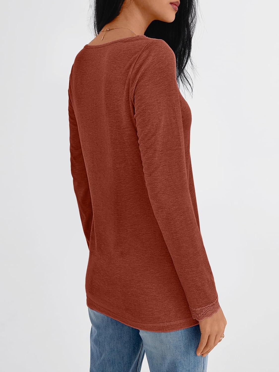 imageAUTOMET V Neck T Shirts for Women Lace Long Sleeve Cute Tops Fall Winter Dressy Business Casual Blouses Trendy Basic TeesMaple